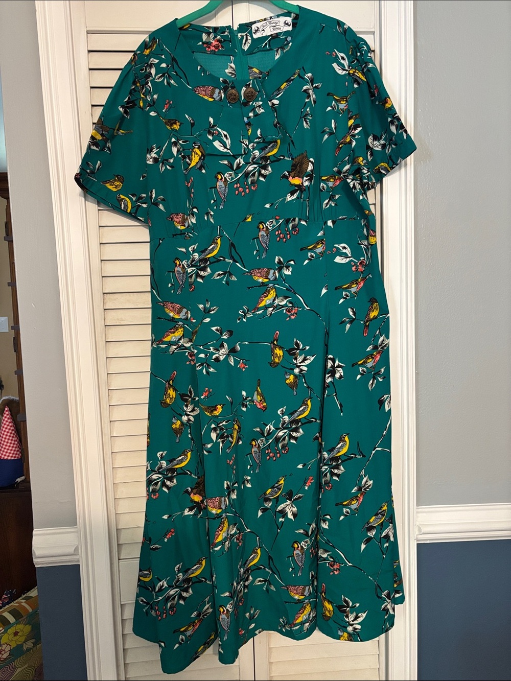 Hell Bunny Teal Maxi Dress with Yellow Bird Print